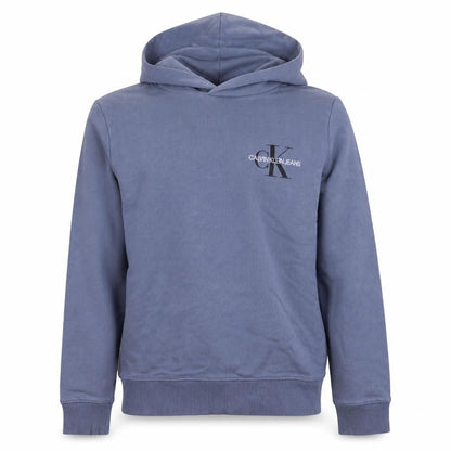 Front view of Calvin Klein Jeans boys’ blue pullover hoodie 12 years logo cotton stretch