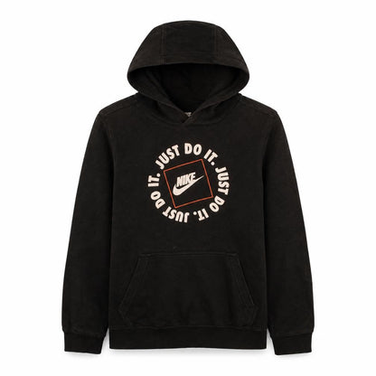 Front view of Nike boys’ black hoodie l 147-158cm pullover standard fit just do it graphic