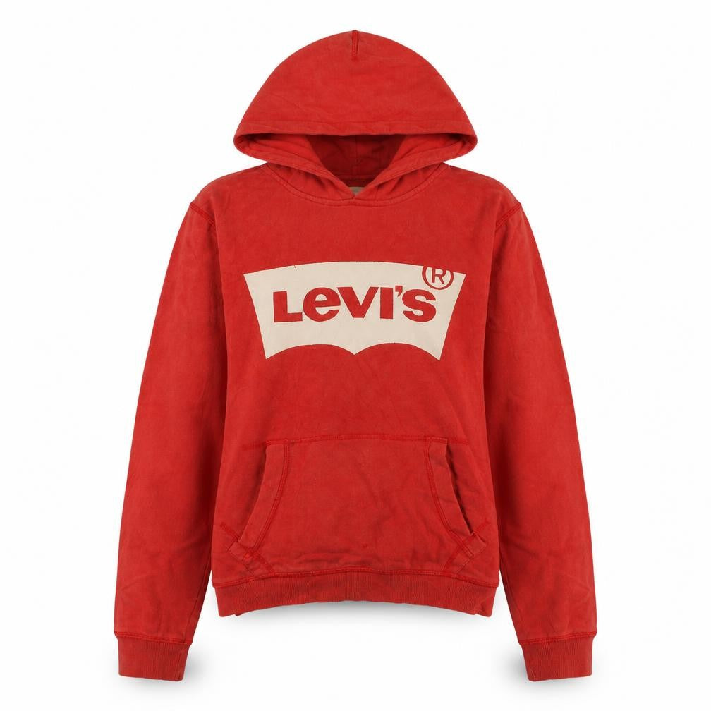 Front view of Levi's boys’ red logo pullover hoodie, size 14, cotton fleece casual