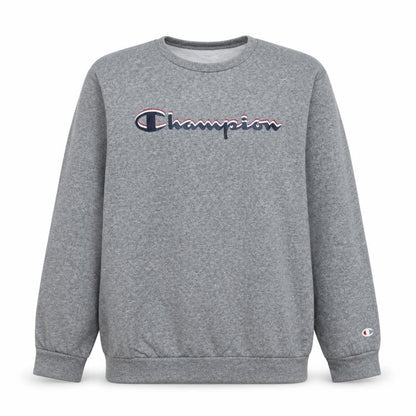 Front view of Champion boys’ grey logo pullover sweatshirt xl 13-14 years fleece crew neck