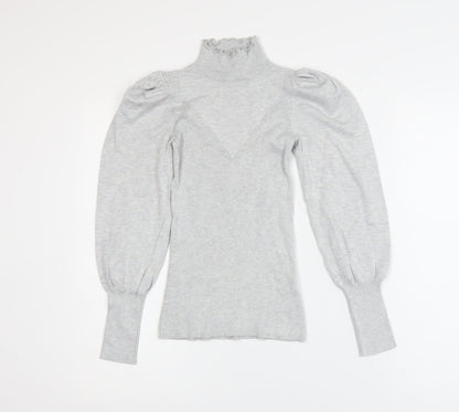 River Island Womens Grey High Neck Puff Sleeve Knit Blouse Size 6