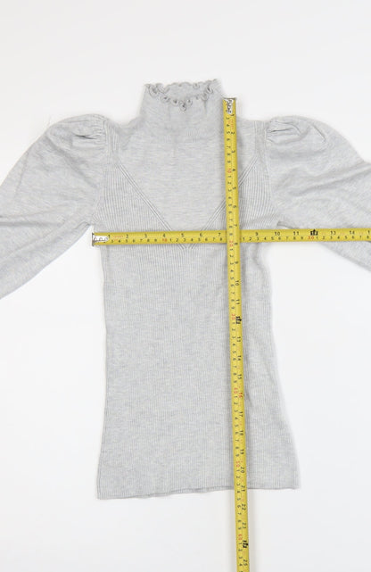 River Island Womens Grey High Neck Puff Sleeve Knit Blouse Size 6
