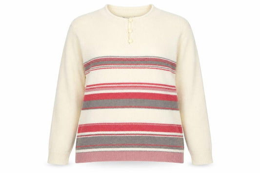 Front view of Honor Millburn women’s ivory striped henley jumper, size UK 14-16, acrylic knit