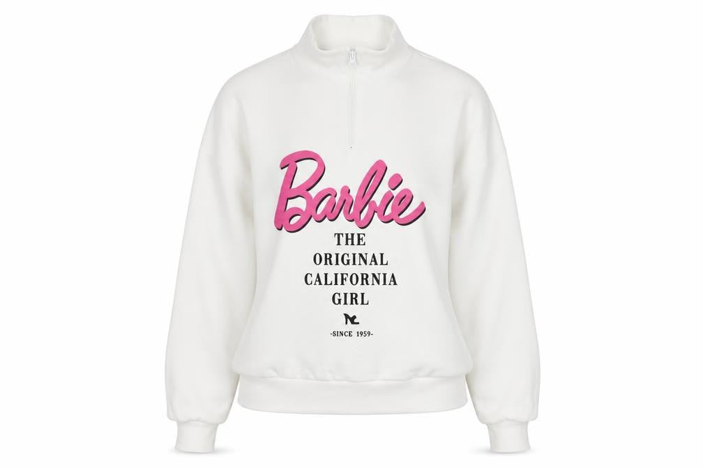 Front view of ASOS Design Barbie White 1/4 Zip Sweatshirt Women UK 10 Cotton Blend