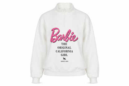 Front view of ASOS Design Barbie White 1/4 Zip Sweatshirt Women UK 10 Cotton Blend