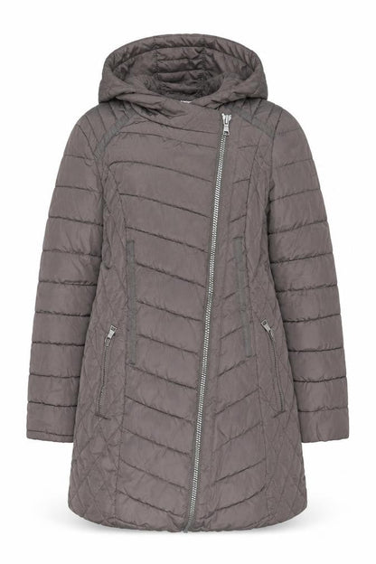Next Womens Grey Hooded Puffer Coat Size 10 Mid-Length Quilted Zip Jacket