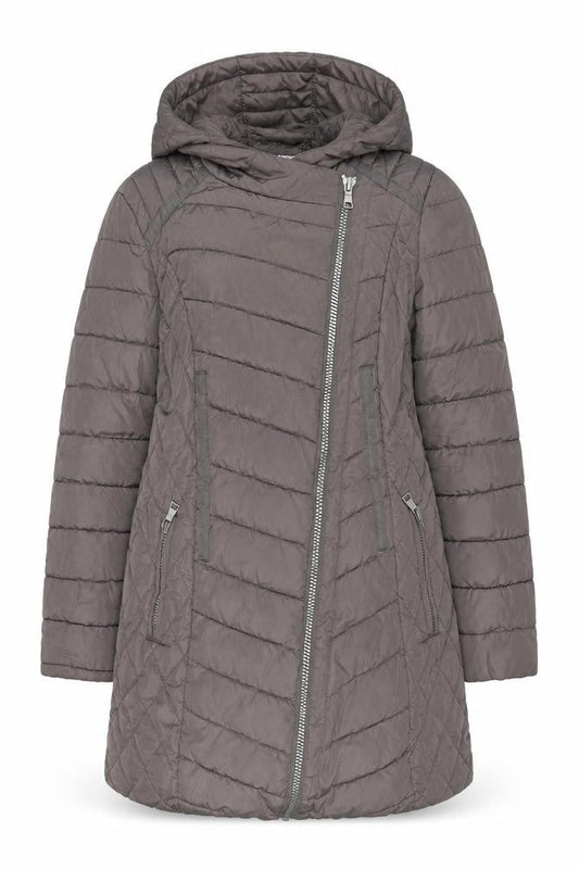 Next Womens Grey Hooded Puffer Coat Size 10 Mid-Length Quilted Zip Jacket