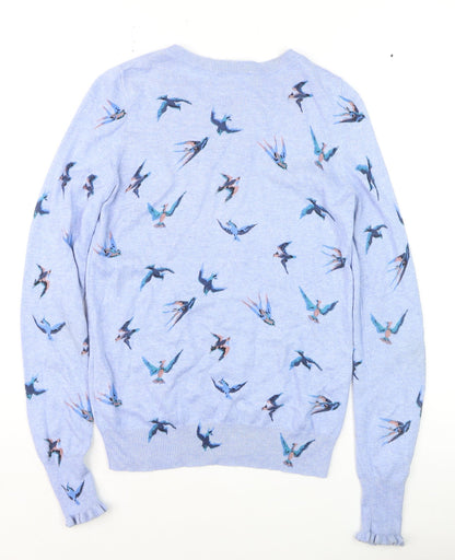 Oasis Women Blue Bird Print Cotton Blend Crew Neck Jumper Size 10