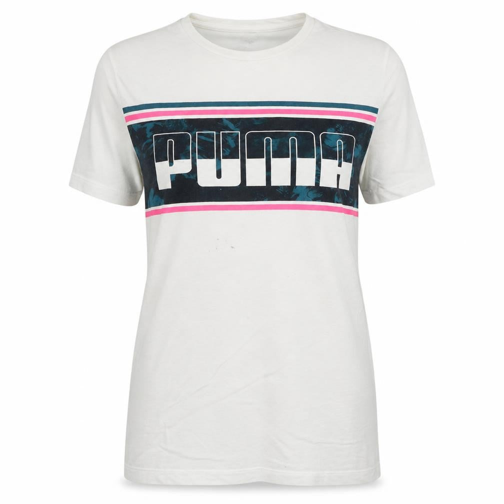 Front view of Puma Women’s White Logo T-Shirt, size UK 10, Casual Cotton