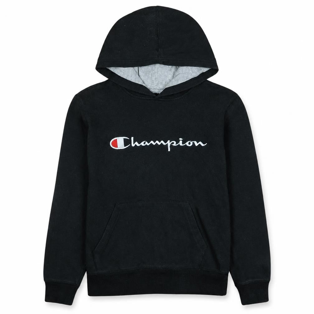 Front view of Champion boys’ black pullover hoodie l logo embroidered fleece sweatshirt