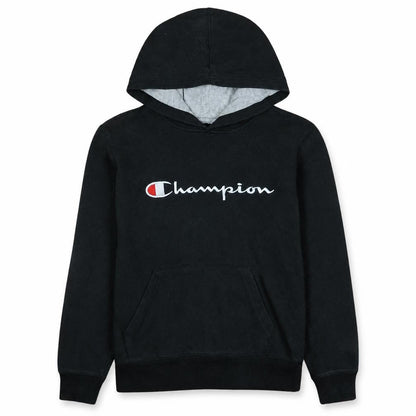 Front view of Champion boys’ black pullover hoodie l logo embroidered fleece sweatshirt