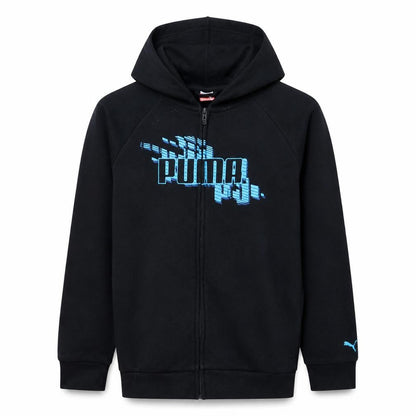 Front view of Puma boys’ black full zip hoodie sweatshirt, size 13-14, years cotton blend