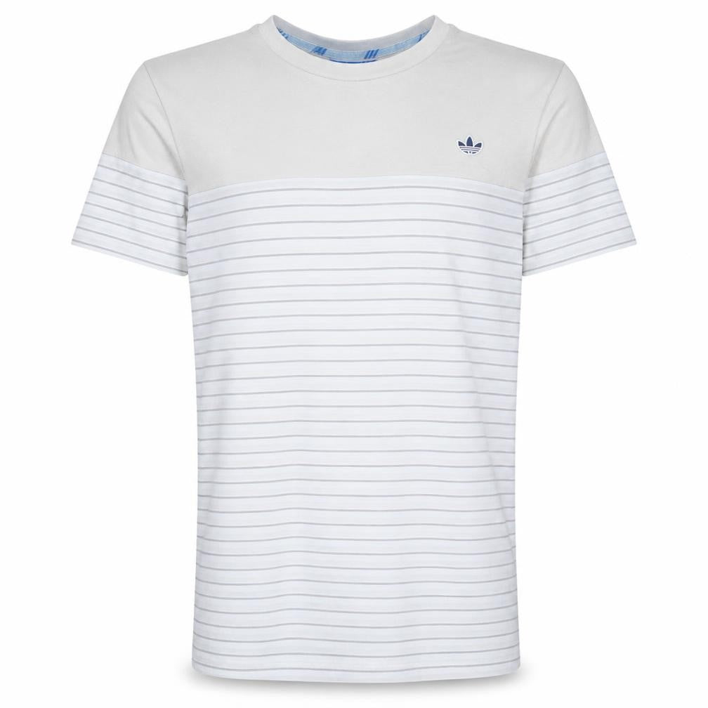 Front view of Adidas Men White Striped Cotton Crew Neck Short Sleeve T-Shirt L