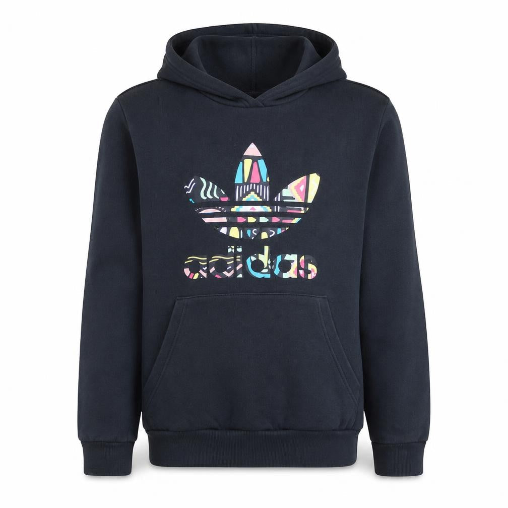 Front view of Adidas boys’ black pullover hoodie 13-14 years graphic logo sweatshirt