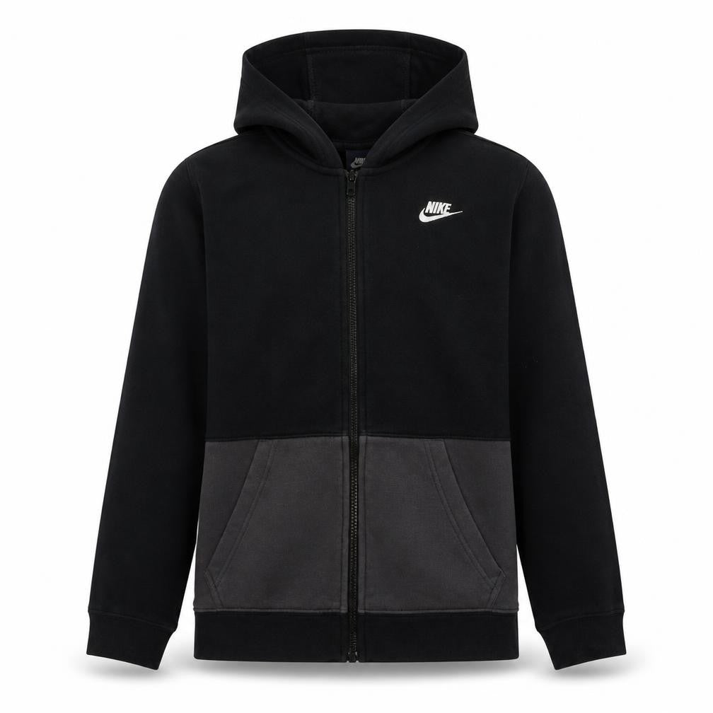 Front view of Nike boys’ black colourblock full zip hoodie xl 13-15 years cotton blend