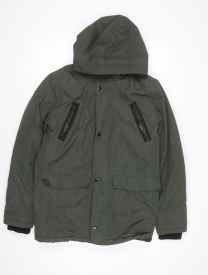 H&M Girls Green Hooded Parka Coat 13-14 Years Polyester Lined Winter Jacket