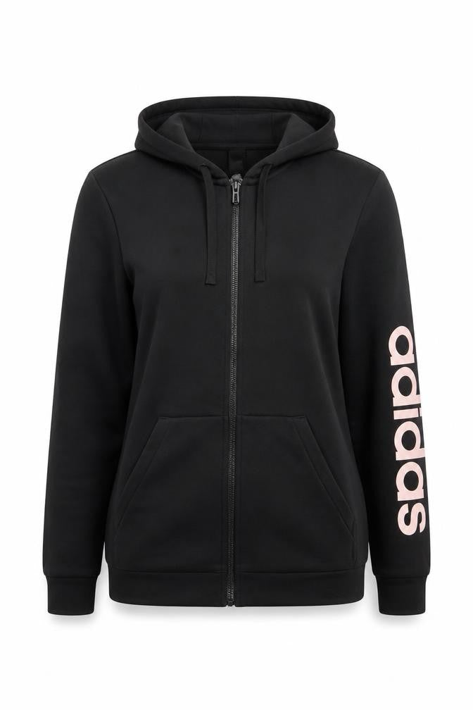 Front view of Adidas women’s black full zip hoodie, size M, 12-14 cotton blend