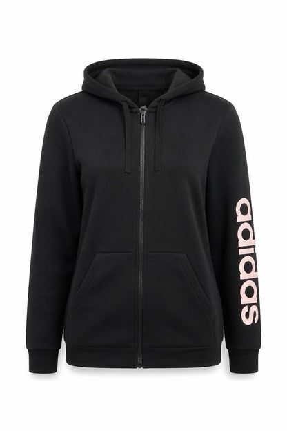 Front view of Adidas women’s black full zip hoodie, size M, 12-14 cotton blend
