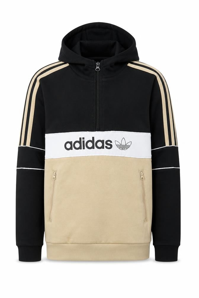 Front view of Adidas boys’ beige black 11-12 years half zip hoodie with pockets