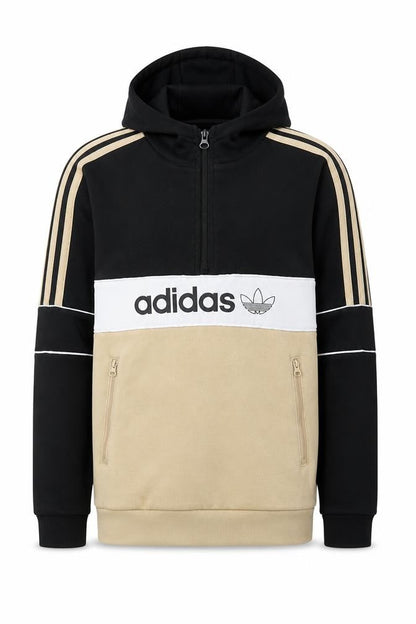 Front view of Adidas boys’ beige black 11-12 years half zip hoodie with pockets