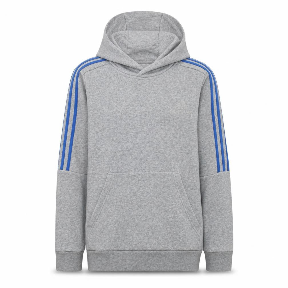 Front view of adidas Teens Grey Pullover Hoodie Long Sleeve Fleece, size 164