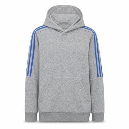 Front view of adidas Teens Grey Pullover Hoodie Long Sleeve Fleece, size 164