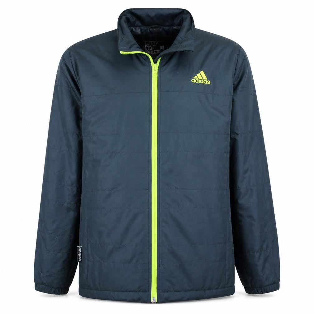 Front view of Adidas boys’ blue 11-12 years lightweight puffer jacket with neon zip