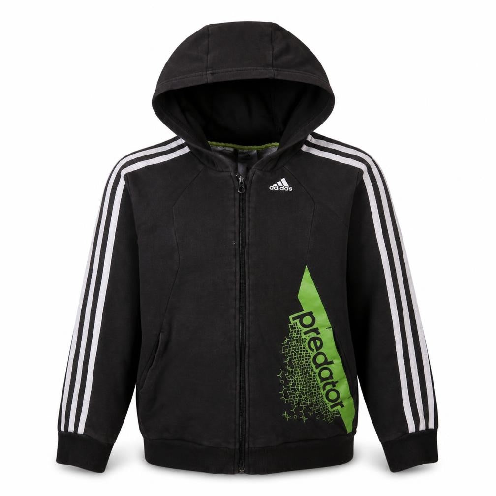 Front view of Adidas boys’ black full zip hoodie, size 11-12, years sportswear