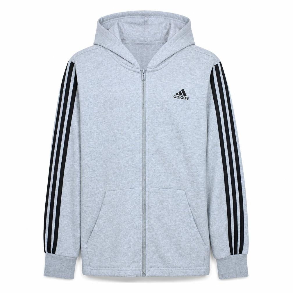 Front view of Adidas Teens Grey Full Zip Hoodie 164cm Sports Hooded Sweatshirt