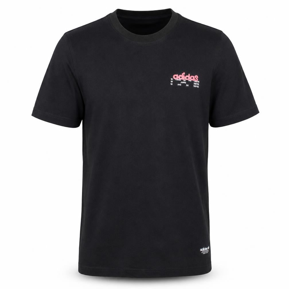 Front view of Adidas Men's Black Trefoil 50 Years Graphic Cotton T-Shirt, size S