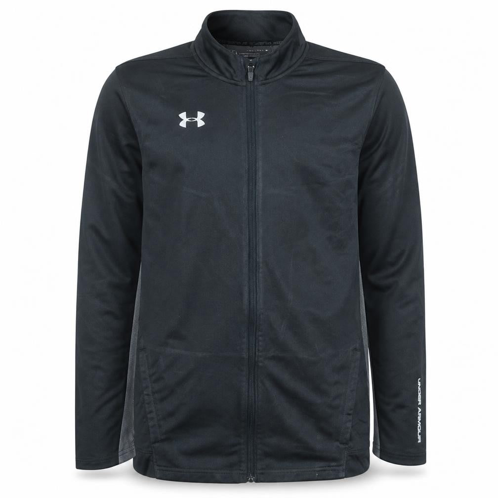 Front view of Under Armour boys’ black yxl full zip sweatshirt athletic loose fit