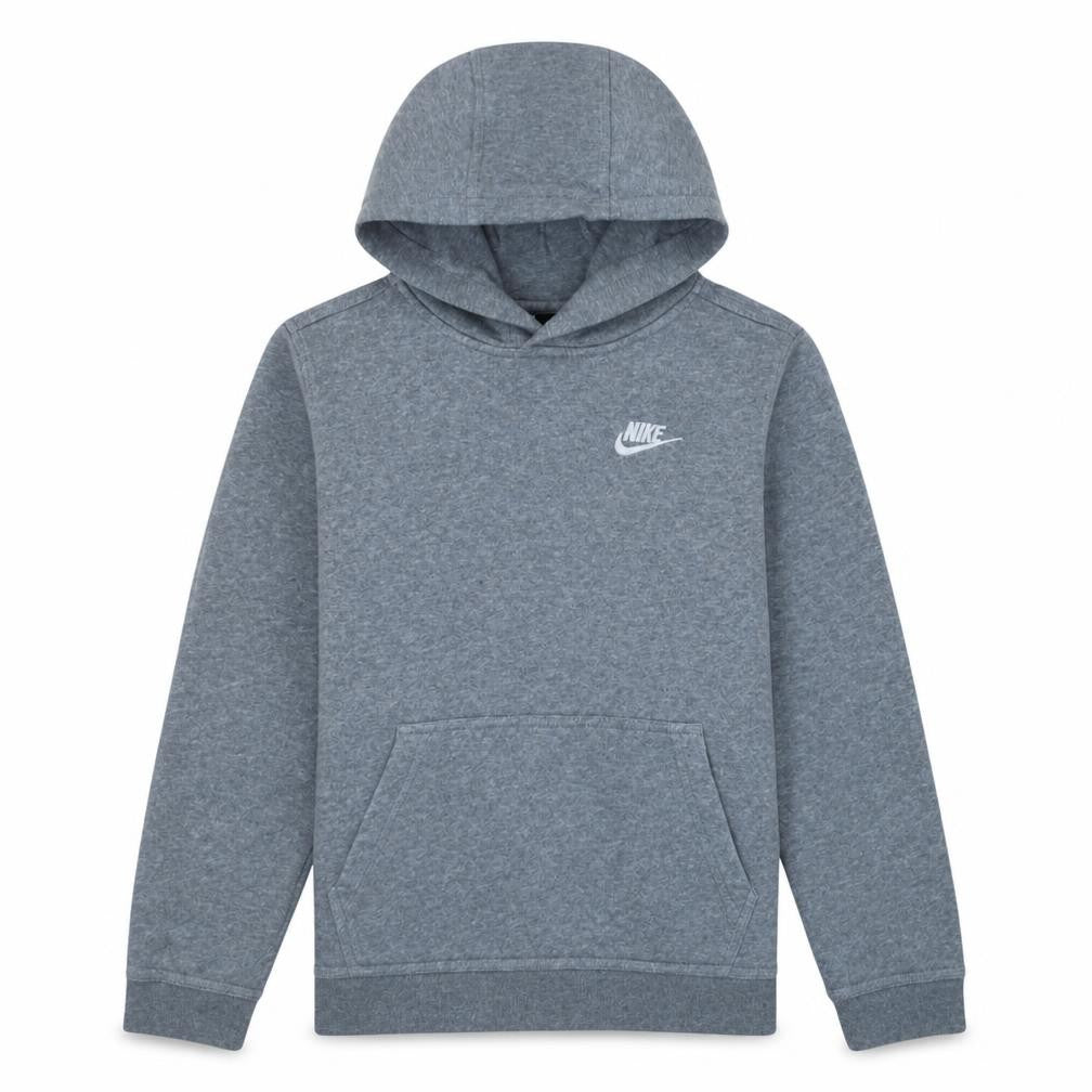 Front view of Nike boys’ grey pullover hoodie, size L, 147-158cm cotton blend