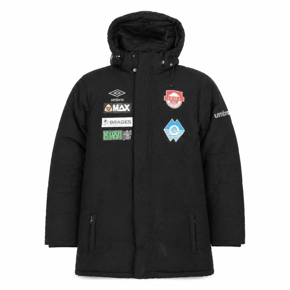 Front view of Umbro boys’ black 13-14 years hooded long puffer coat football team jacket