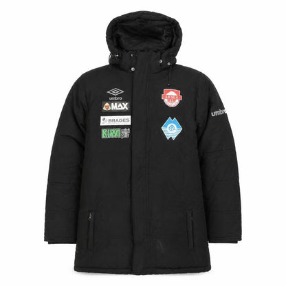 Front view of Umbro boys’ black 13-14 years hooded long puffer coat football team jacket