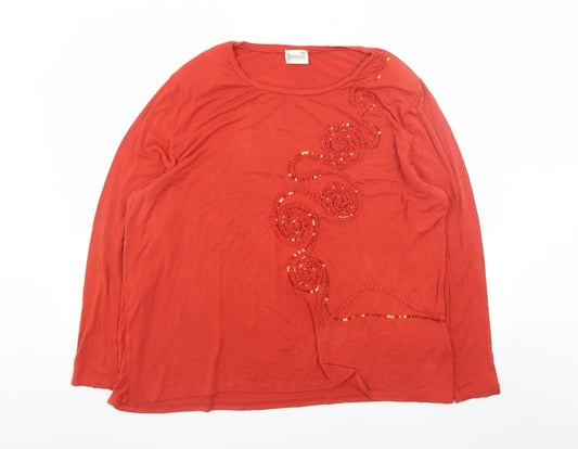 Roman Originals Women Red Long Sleeve Beaded Sequin Jersey Top 2XL