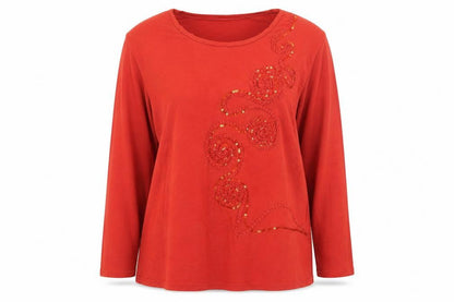 Front view of Roman Originals Women Red Long Sleeve Beaded Sequin Jersey Top 2XL