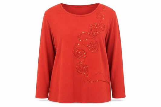 Front view of Roman Originals Women Red Long Sleeve Beaded Sequin Jersey Top 2XL