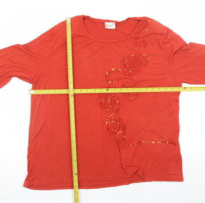 Roman Originals Women Red Long Sleeve Beaded Sequin Jersey Top 2XL