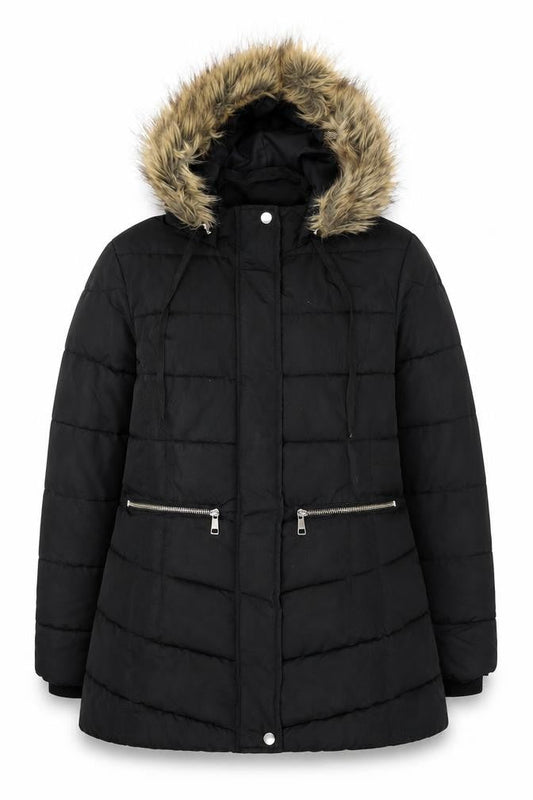 Papaya Women's Black Faux Fur Hooded Puffer Coat Size 14