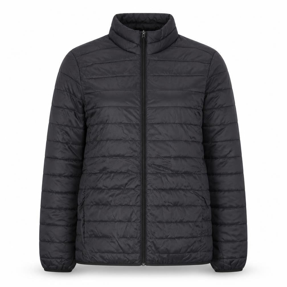 Front view of Livergy unisex black puffer jacket m water resistant lightweight