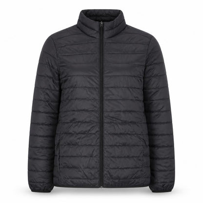 Front view of Livergy unisex black puffer jacket m water resistant lightweight