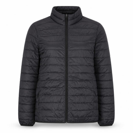 Front view of Livergy unisex black puffer jacket m water resistant lightweight