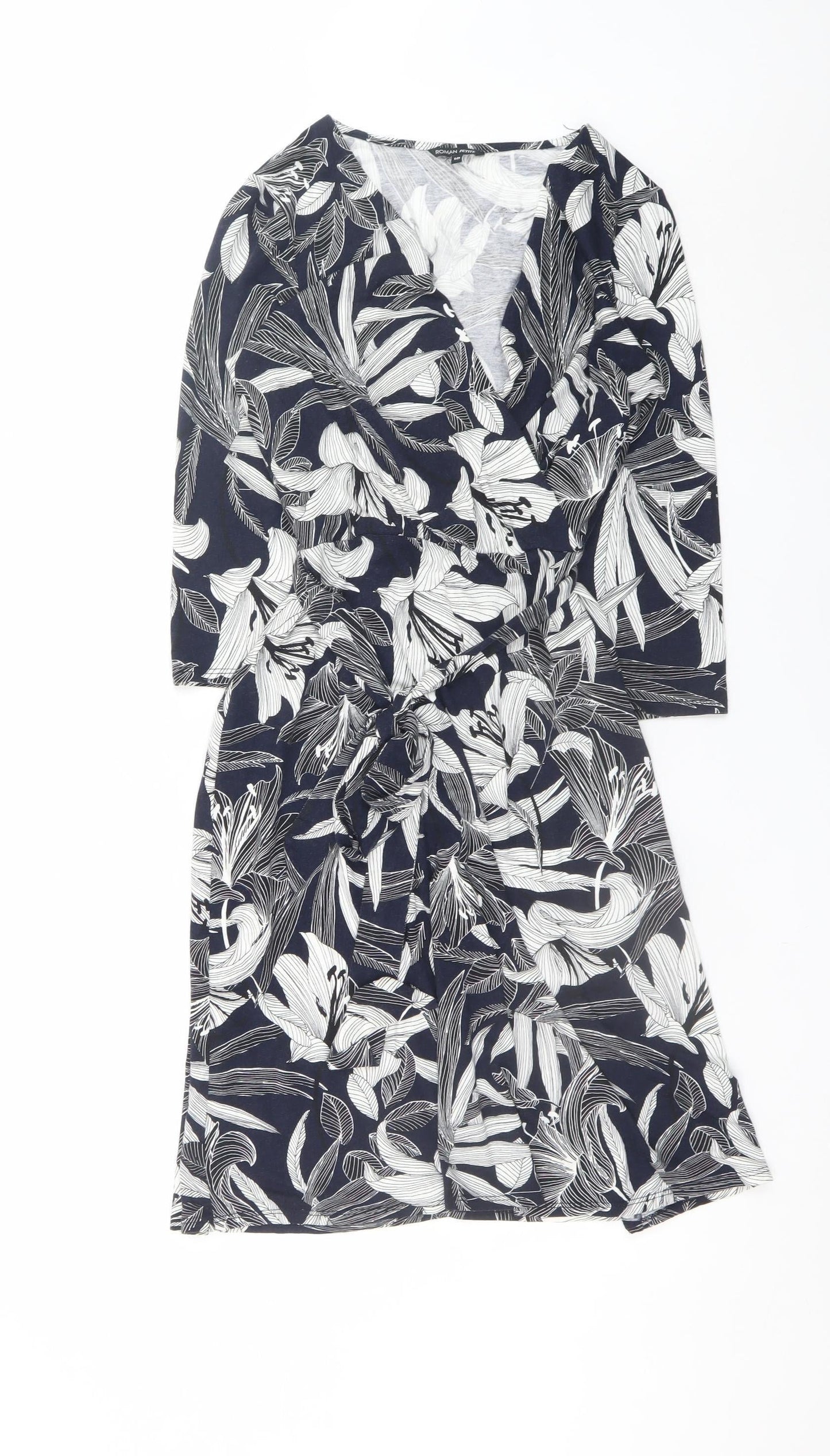 Roman Petite Women’s Blue Floral Wrap Dress Size 10 Knee Length
