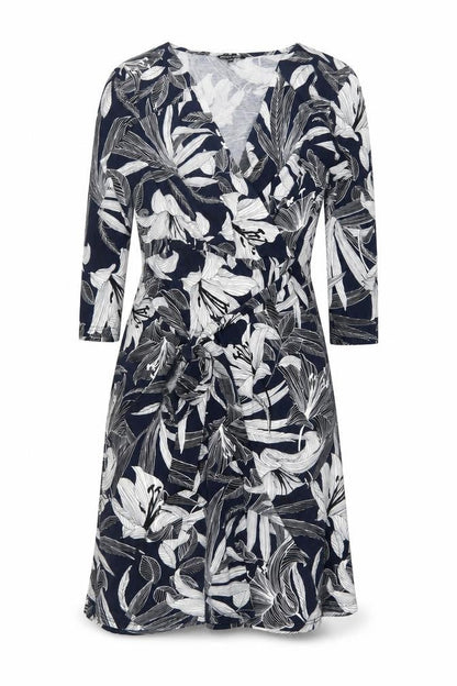 Front view of Roman Petite Women’s Blue Floral Wrap Dress, size UK 10, Knee Length