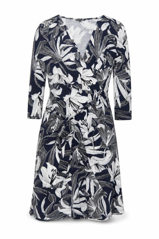 Front view of Roman Petite Women’s Blue Floral Wrap Dress, size UK 10, Knee Length