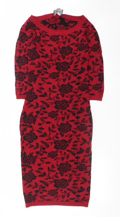Additional front view of Collectif Vintage women’s red floral knit bodycon dress uk 14