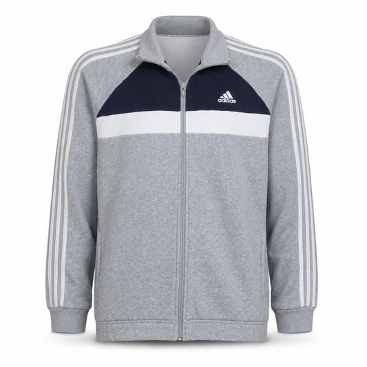 Front view of Adidas men’s grey blue track jacket, size L, full zip activewear