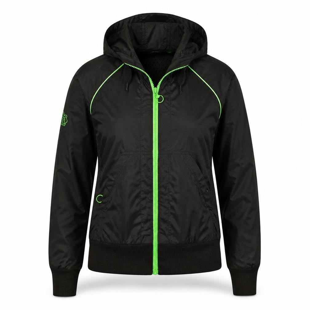 Front view of Puma women’s black hooded windbreaker jacket, size UK 10
