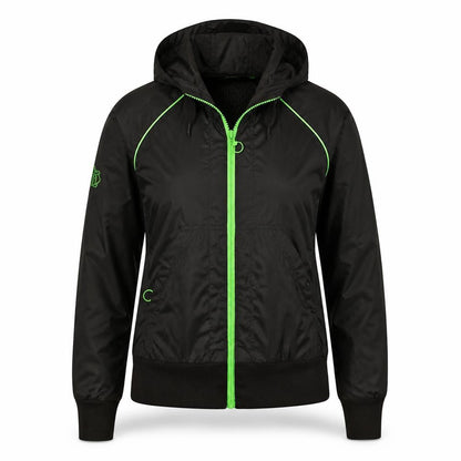 Front view of Puma women’s black hooded windbreaker jacket, size UK 10