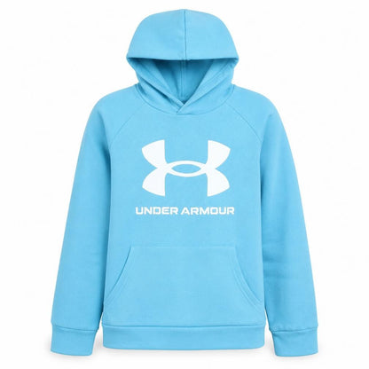 Front view of Under Armour boys’ blue pullover hoodie, size 10-11, years fleece logo sweatshirt